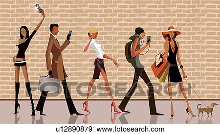 ４人の女性たち そして A 人 使うこと 移動式 電話 において A 歩道 イラスト U1879 Fotosearch