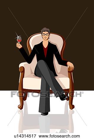 人間が座る 中に 肘掛け椅子 そして コップを持つ の 赤ワイン イラスト U Fotosearch