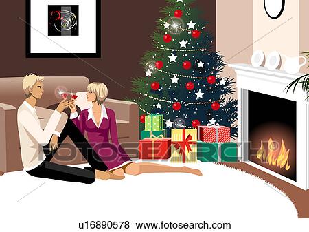 恋人 こんがり焼ける で 赤ワイン の ガラス 近くに A クリスマスツリー イラスト U Fotosearch