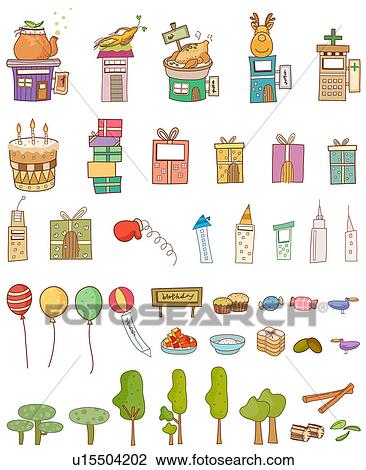 Clip Art of Variation of colorful objects displayed in a row against ...