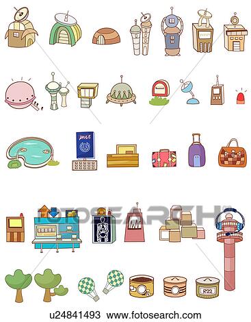 Desenho - variação, de, coloridos, objetos, exibido, uma fileira