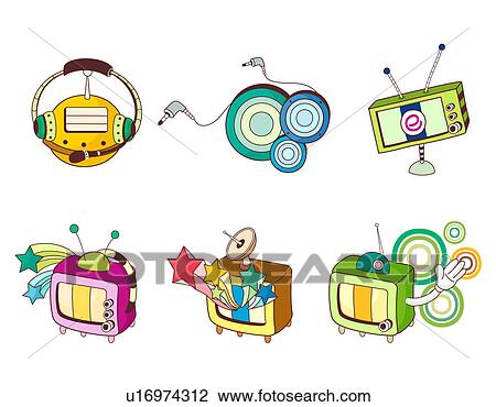 Clip Art of Variation of colorful objects displayed in a row against ...