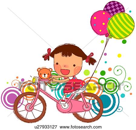 女の子 乗馬の自転車 で うさぎ そして ヘリウムの 気球 イラスト U Fotosearch
