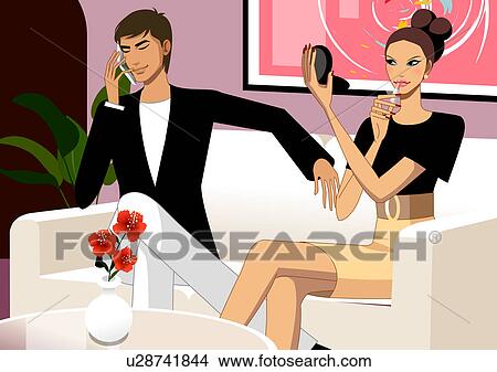 若者 使うこと 移動式 電話 ソファーの上に座る 女 メイクアップを応用する イラスト U Fotosearch