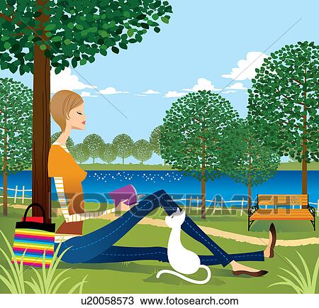 Woman sitting under tree, reading book Drawing | u20058573 | Fotosearch