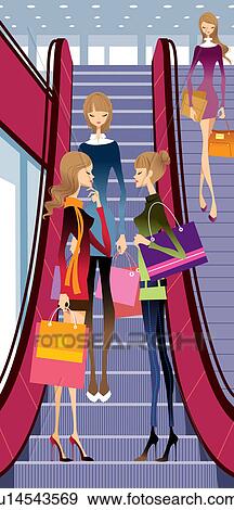 Women on Escalator at shopping mall Stock Illustration | u14543569