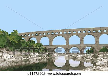 Drawing - France, Pont Du Gard, UNESCO, World Cultural Heritage. Fotosearch