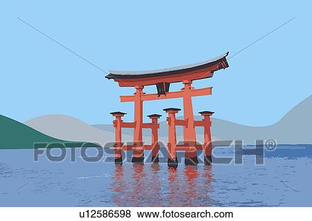 Japan, Hiroshima Prefecture, Itsukushima Shrine, Torii Gate, UNESCO, World Cultural Heritage View Large Illustration Stock Illustration - Japan, Hiroshima Prefecture, Itsukushima Shrine, Torii Gate, UNESCO, World Cultural Heritage. Fotosearch