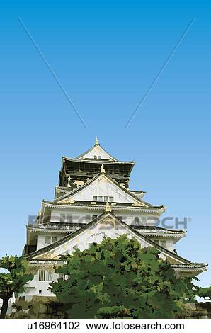 Drawing - Japan, Osaka Castle, Osaka Castle. Fotosearch