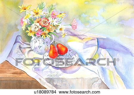 花 水彩画の絵 の 成果 お茶 そして A 花の花びん テーブルの上に イラスト U Fotosearch