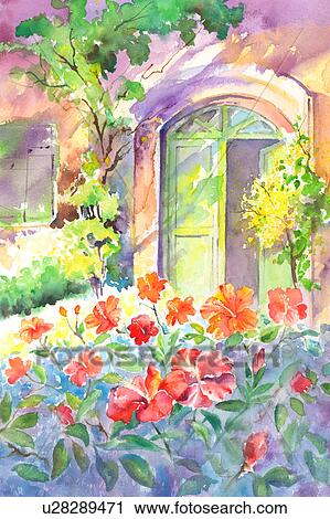 花 水彩画の絵 の A ドア で 美しい 花 クリップアート U2471 Fotosearch