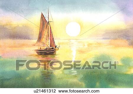 花 水彩画の絵 の A ﾖｯﾄ 上に 海 下に 日没 スケッチ U Fotosearch