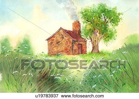 花 水彩画の絵 の A 小屋 そして A 木 上に 芝生 イラスト U Fotosearch