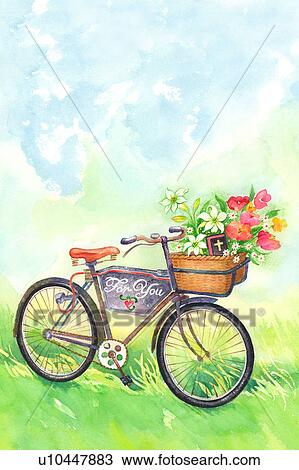 花 水彩画の絵 の A 自転車 で 花 中に 自然 スケッチ U Fotosearch