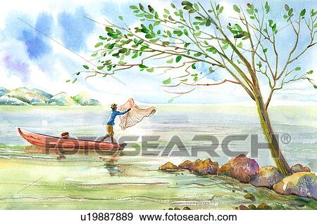 Flower, Watercolor painting of a fishman using fishing net on a boat View Large Illustration Stock Illustration - Flower, Watercolor painting of a fishman using fishing net on a boat. Fotosearch