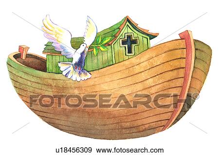 Stock Illustration - Flower, Watercolor painting of an ark and a flying dove. Fotosearch