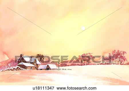 Stock Illustration - Flower, Watercolor painting of houses on snow in winter. Fotosearch