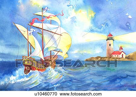 Flower, Watercolor painting of sailboat on the sea and a lighthouse View Large Illustration Clipart - Flower, Watercolor painting of sailboat on the sea and a lighthouse. Fotosearch