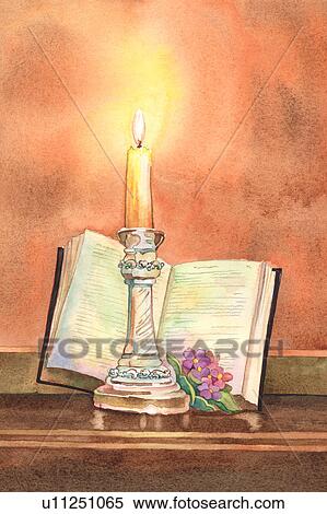 Stock Illustration - Flower, Watercolor painting of candlelight and a book. Fotosearch