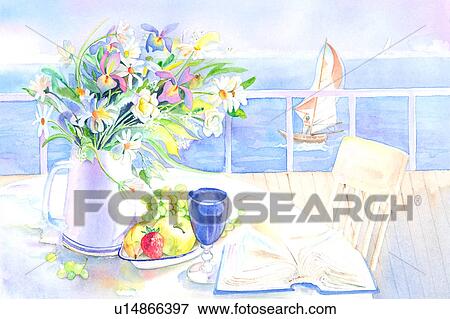 Stock Illustration - Flower, Watercolor painting of landscape at sea. Fotosearch