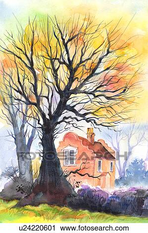Clip Art - Flower, Watercolor painting of tall trees and a house. Fotosearch