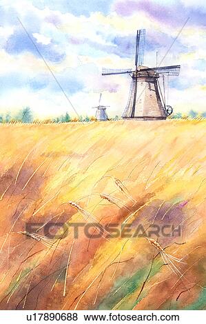 Stock Illustration - Flower, Watercolor painting of windmill in the farm field. Fotosearch