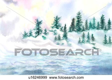 Flower, Watercolor painting of woods in the snow View Large Illustration Stock Illustration - Flower, Watercolor painting of woods in the snow. Fotosearch