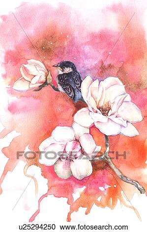 Clipart - Animal, Watercolor painting of a bird perching with flowers. Fotosearch