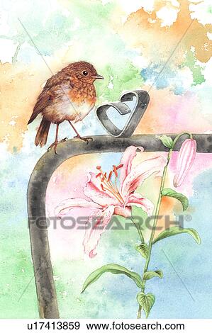 Animal, Watercolor painting of a bird perching with flowers View Large Illustration Stock Illustration - Animal, Watercolor painting of a bird perching with flowers. Fotosearch