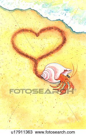 Drawing - Animal, Watercolor painting of a crab walking with heart shape on sand. Fotosearch