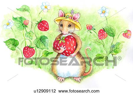 Animal, Watercolor painting of a cute mouse holding a strawberry View Large Illustration Drawing - Animal, Watercolor painting of a cute mouse holding a strawberry. Fotosearch