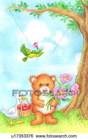 Animal, Watercolor painting of a duck, bear and bird View Large Illustration Stock Illustration - Animal, Watercolor painting of a duck, bear and bird. Fotosearch