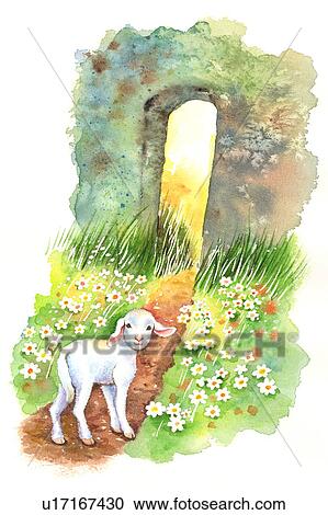 Clipart - Animal, Watercolor painting of a lamb walking to a wall with wildflowers. Fotosearch