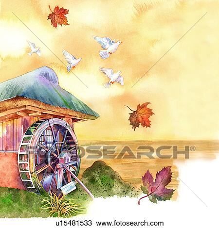 Drawing - Animal, Watercolor painting of doves flying above a hut. Fotosearch