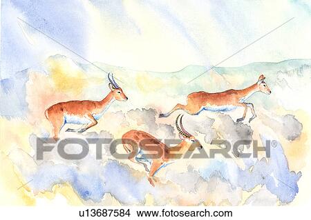 Stock Illustration - Animal, Watercolor painting of three deer running together. Fotosearch