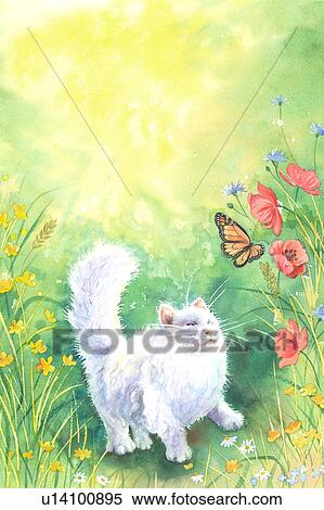 Stock Illustration - Insects, Animal, Watercolor painting of a cat looking at a butterfly. Fotosearch