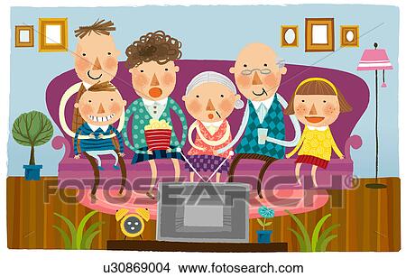 大きい 家族 監視 テレビ 家で イラスト U Fotosearch