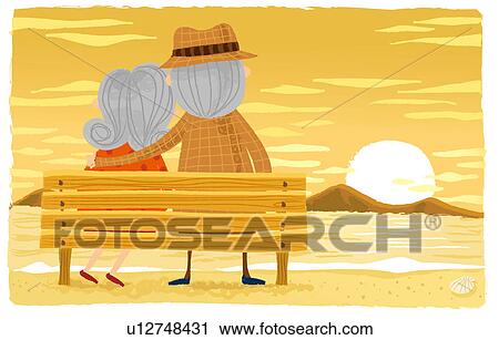 Pareja edad avanzada, sentado, en, banco de madera Clip Art | u12748431