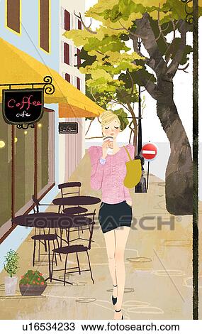 正面図 の 女性の歩くこと 中に 通り 飲むこと テークアウトの コーヒー スケッチ U Fotosearch