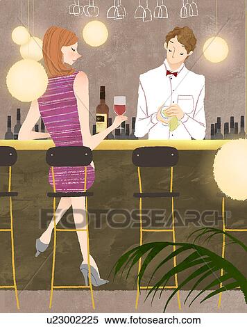 Woman sitting on stool at bar counter and waiter cleaning the wine