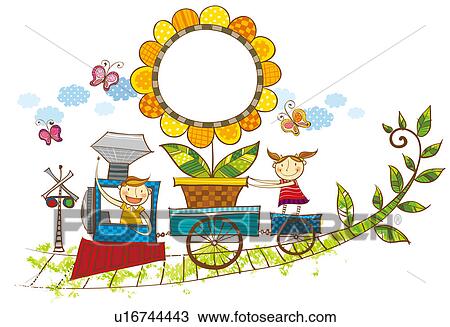 Dzieci Na Pociąg Transport Kwiat Roślina Rysunek