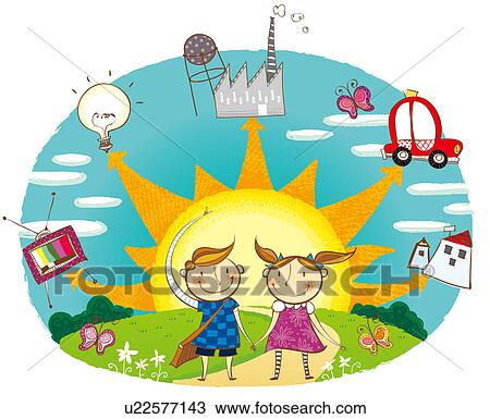 Retrato, de, niño y niña, actuación, el, uso, de, energía solar Dibujo