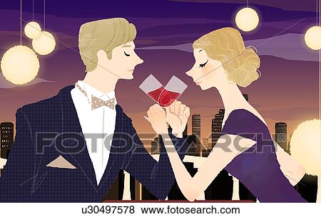 Mann frau, toasten, mit, gläser roten weines, an, eßtisch Stock