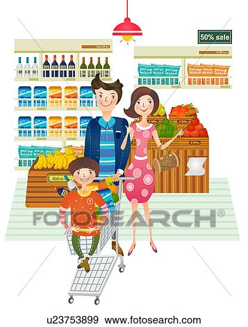 家族の 肖像画 すること 買い物 から スーパーマーケット イラスト U Fotosearch