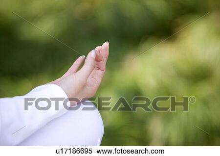 Stock Photography - Woman in lotus position, focus on hand and leg. Fotosearch