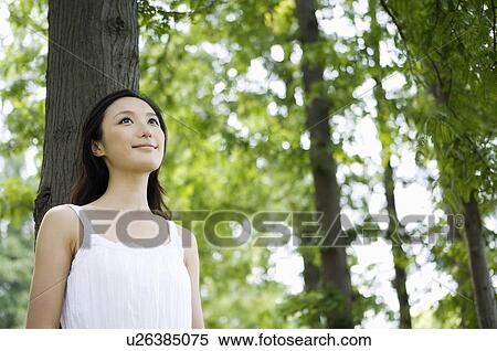Young woman leaning on tree View Large Photo Image Stock Photography - Young woman leaning on tree. Fotosearch