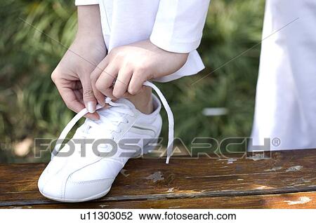 Young woman tying shoelace on bench, low section View Large Photo Image Stock Image - Young woman tying shoelace on bench, low section. Fotosearch