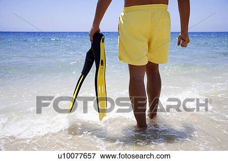 Lower half of man in water with flippers on the beach View Large Photo Image Stock Photo - Lower half of man in water with flippers on the beach. Fotosearch