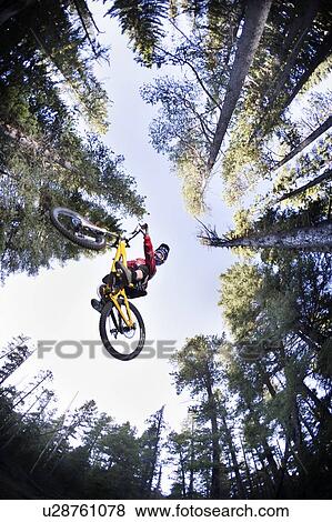 Stock Photo - Under a biker mid-jump; Canada, Alberta, Quirk Creek. Fotosearch
