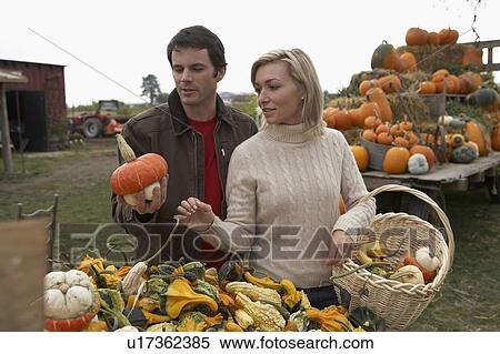 Stock Photography - Couple looking at organic squash, Ladner, British Columbia, Canada. Fotosearch